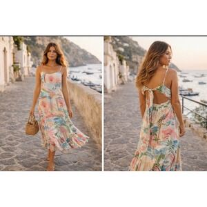 Paper Heart Tropical Landscape open back tier maxi Dress large resort cottage